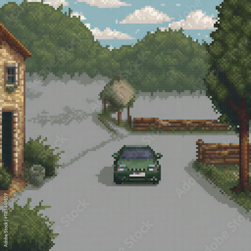Vintage green car on a scenic road, next to a charming house.