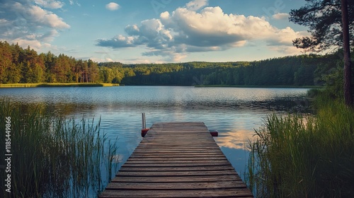 Serene Lake Landscape: Wooden Dock, Calm Water, and Lush Greenery