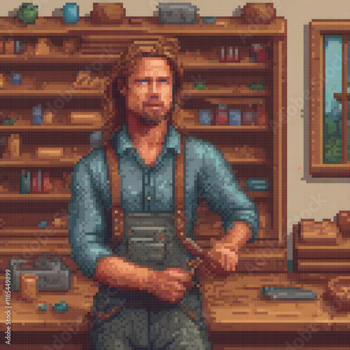 Pixel art depicting a man crafting in a workshop