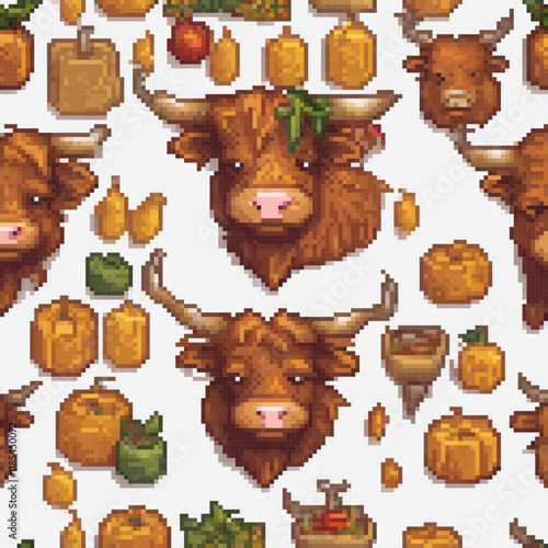 Pixel cow pattern with horns on a pristine white backdrop.