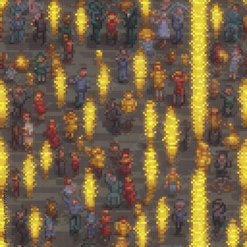 Pixel art depicting a lively group in front of an enthusiastic crowd.