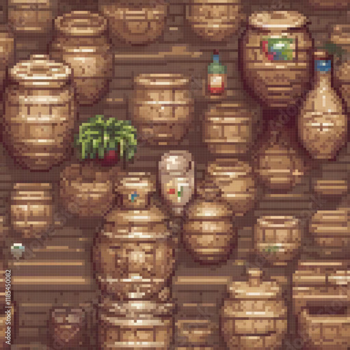 Pixel art depicting a cozy room with barrels and a plant