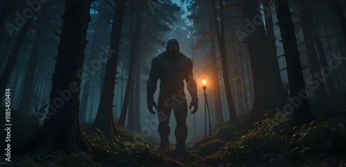 Big foot in a dark forest, cryptozoology character, mystery creature, mythological animal  photo