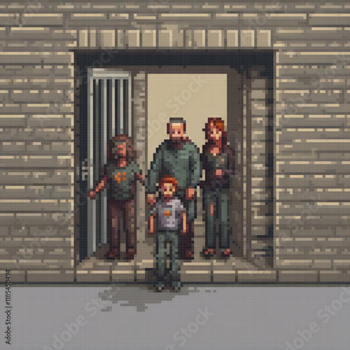 Pixel art depicting a group of individuals awaiting entry at a doorway.