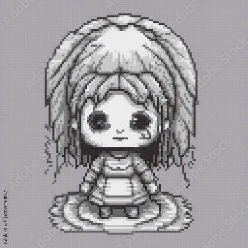Pixel art cross stitch pattern featuring a girl with flowing locks