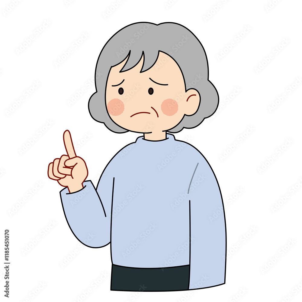 女性、高齢、指をさす、困る