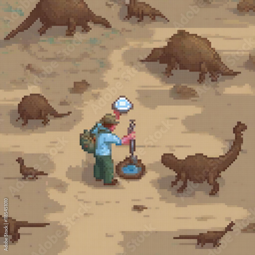 Pixel art depicting a man amidst a dinosaur stampede