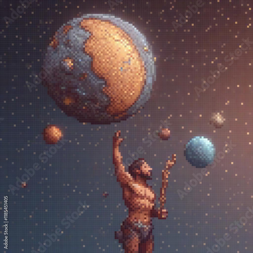 Astro-adventure: Man gazes at a colossal planet in pixel art.