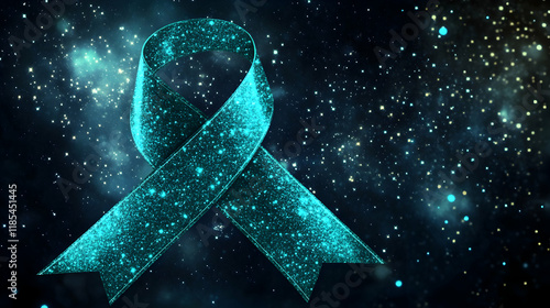 Wallpaper Mural Teal ribbon with a galaxy theme, surrounded by shining stars representing courage and strength for ovarian cancer and PTSD Torontodigital.ca