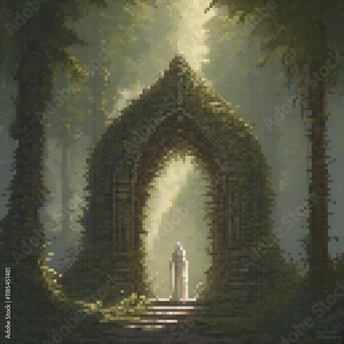 Pixel art depicts a man amidst a lush forest.