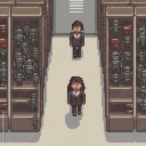 Pixel art depicts a man and woman strolling through a hallway in a structure.