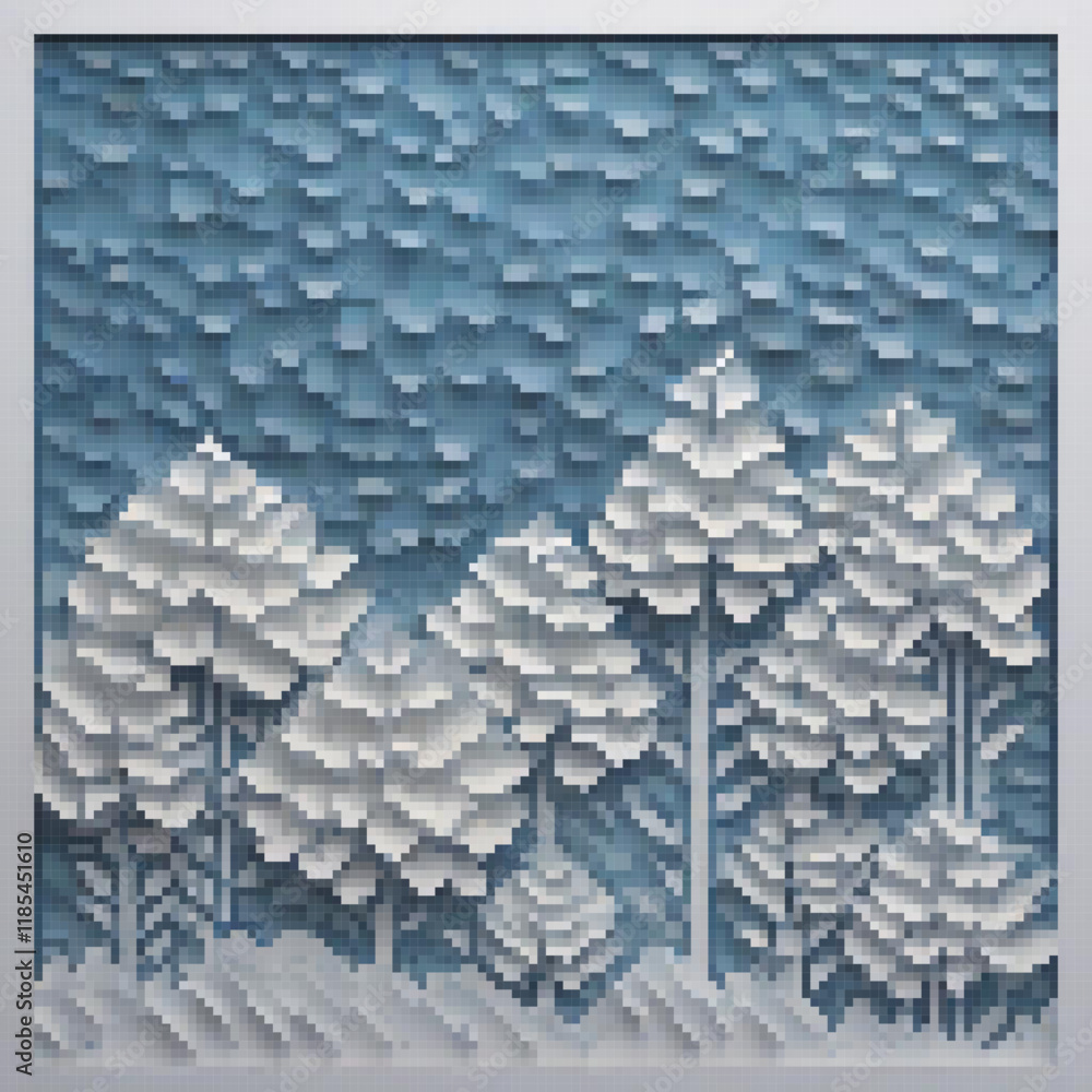 Fototapeta premium Pixel art of a snowy forest paper cut with trees in the foreground.