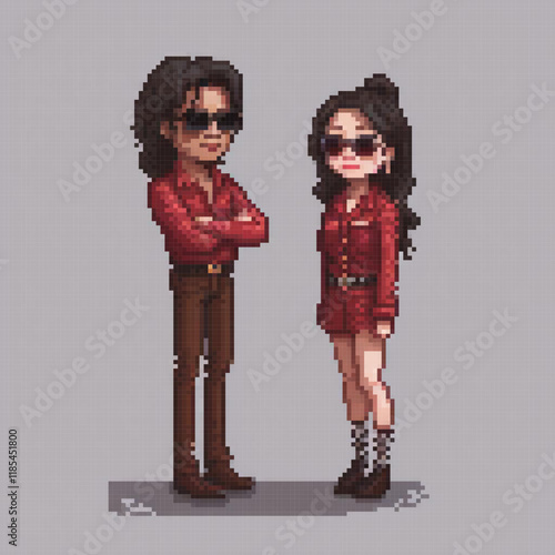 Pixel art depicting a man and woman in a friendly pose