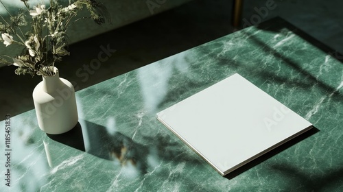 Wallpaper Mural Blank square book mockup on green marble table with dried flowers. Torontodigital.ca