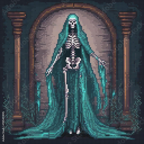 Pixel art skeleton in a vibrant green cloak, guarding a mysterious doorway.