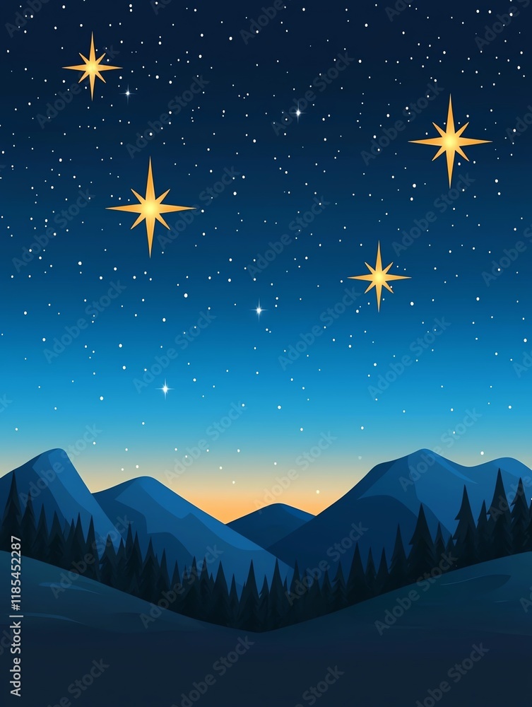 Naklejka premium A serene night sky filled with stars illuminates a mountain landscape, creating a tranquil and picturesque scene.