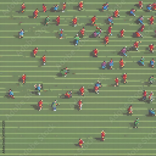 Pixel art soccer game featuring a lively group of players