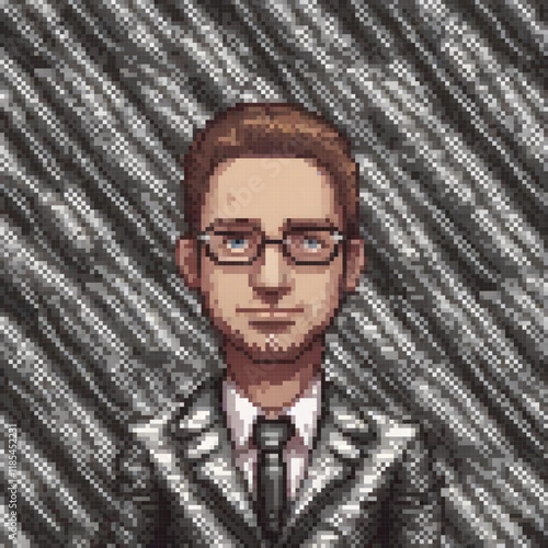 Retro-style pixel art of a gentleman in formal attire with spectacles.