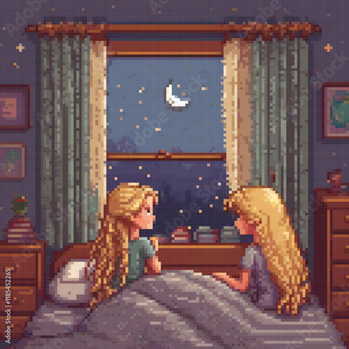Pixel art of two girls in bed gazing at the starry night sky