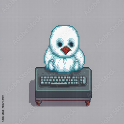 White chicken perched on vintage typewriter, pixel art style.