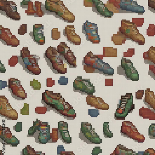 Pixel art showcasing diverse shoes on a pristine white backdrop.