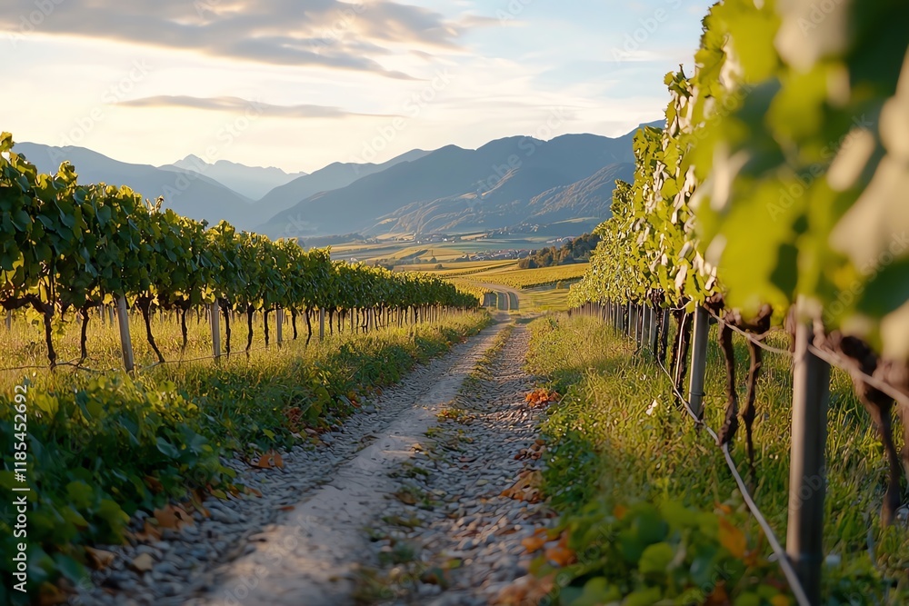 Naklejka premium A serene vineyard path meanders through lush grapevines, with mountains in the background, illuminated by the soft glow of sunset.