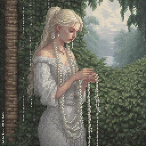 Cute pixel art cross stitch pattern of a woman in a white dress.