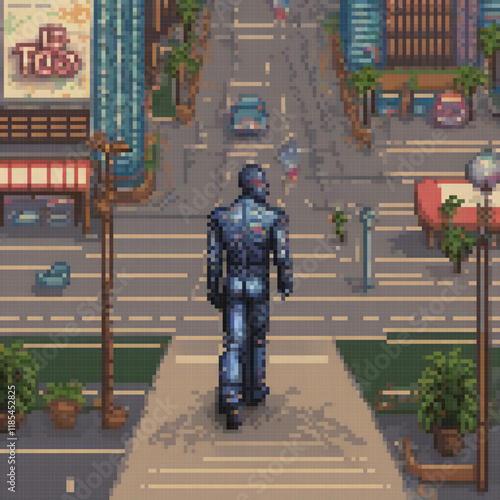 Pixel art depicting a man strolling through a bustling city street.
