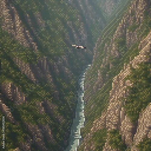 Pixel art: A helicopter soaring above a serene river in a majestic canyon.