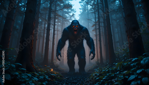 Big foot in a dark forest, cryptozoology character, mystery creature, mythological animal 