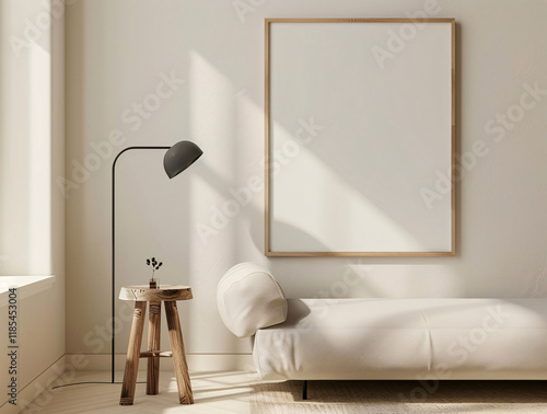 Blank frame mockup on white wall. Template for painting or poster. White living room interior design. View of modern interior with artwork mock-up