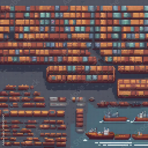 Pixel art of a massive container ship sailing on vast ocean waters.