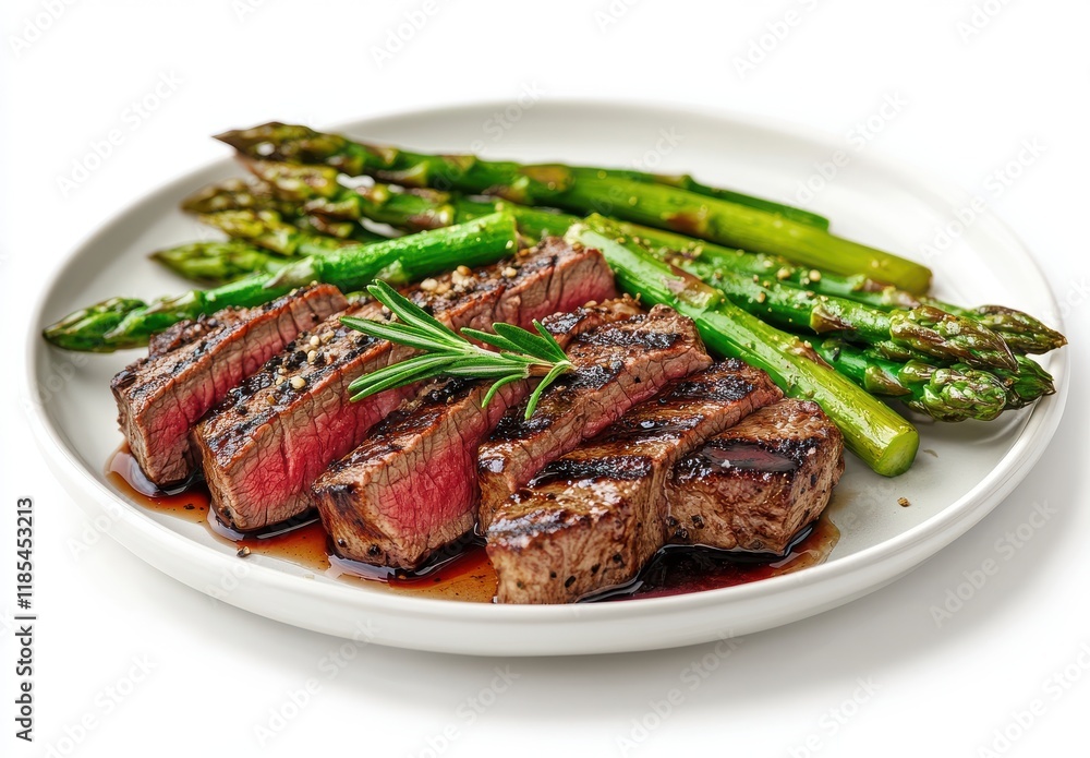 Grilled Steak with Asparagus on a White Plate Garnished with Rosemary and Seasoning, Perfectly Seared and Appetizing Presentation for Culinary Enthusiasts and Food Lovers Grilled Steak with Asparagus on a White Plate Garnished with Rosemary and Seasoning, Perfectly Seared and Appetizing Presentation for Culinary Enthusiasts and Food Lovers