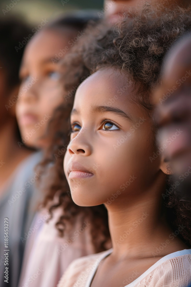 Thoughtful girl gazes into the distance, captivated by emotions and moments, surrounded by friends in a serene outdoor setting, showcasing diversity and innocence Thoughtful girl gazes into the distance, captivated by emotions and moments, surrounded by friends in a serene outdoor setting, showcasing diversity and innocence