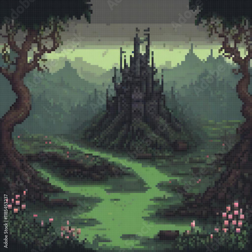 Pixel art depicting a majestic castle amidst a lush forest.