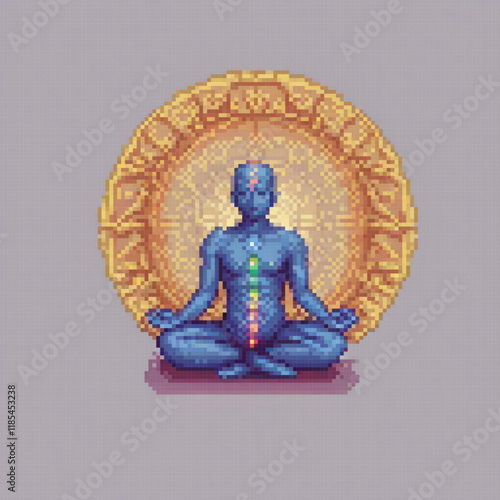 Artistic pixel depiction of a man in meditation, showcasing seven chakras.