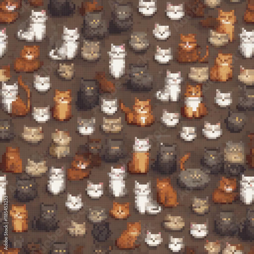 Pixel art featuring adorable cats on a warm, inviting brown background.