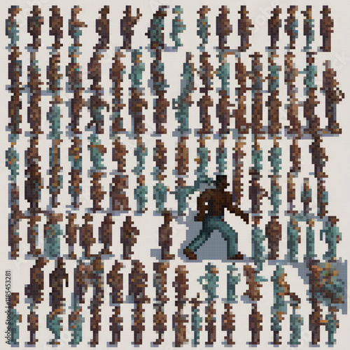 Pixel art cross stitch pattern: Man strolling amidst a bustling crowd.