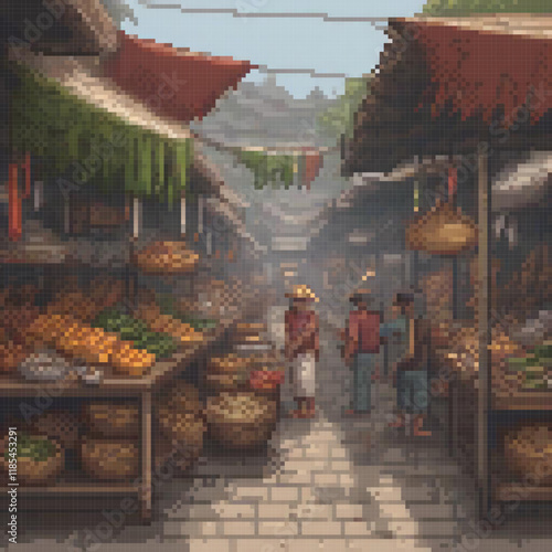 Pixel art street scene with bustling pedestrians