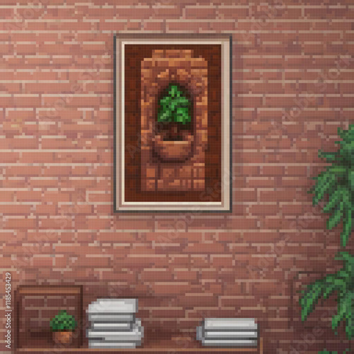 Pixel art depicting a cozy room with a brick wall and a charming potted plant.