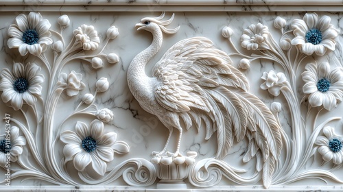 White Peacock Marble Relief Sculpture: Elegant Floral Design, Intricate Carving, Detailed Artwork, Home Decor, Classic Vintage Style photo