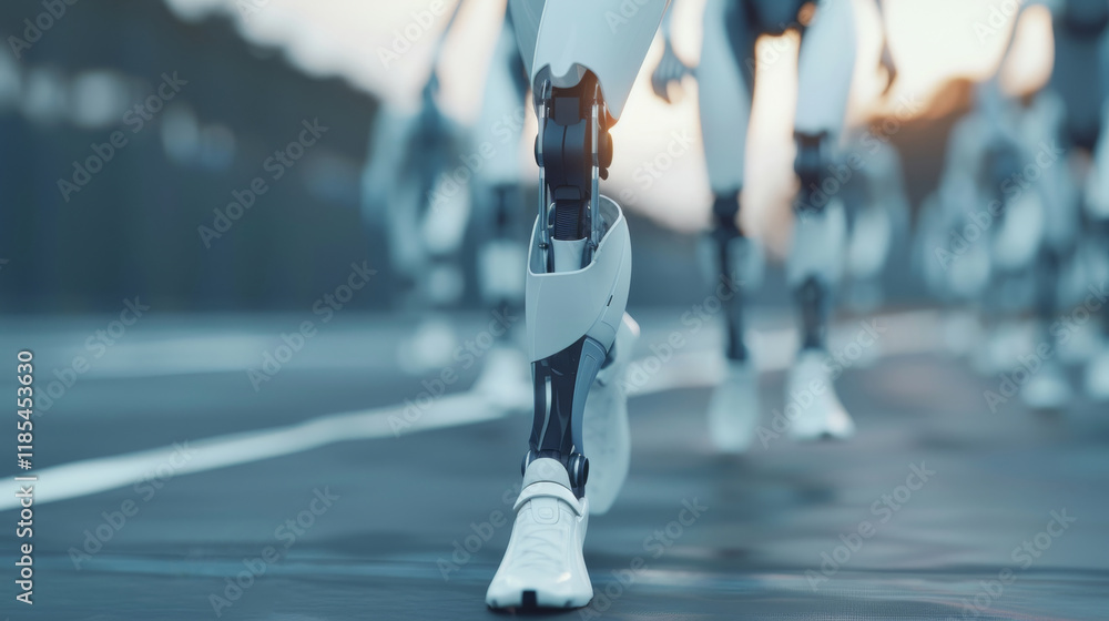 Fototapeta premium Futuristic cyborg sports league, athletes equipped with robotic limbs and high-performance prosthetics, competing at various technology levels, driving innovation in bioengineering and sports