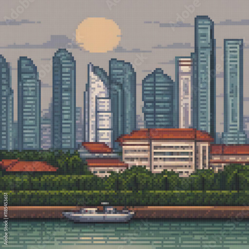 Pixel art of a boat sailing amidst a bustling city skyline.