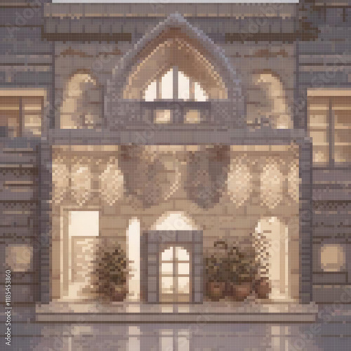 Pixel art depicting a grand building with numerous windows and a charming balcony.