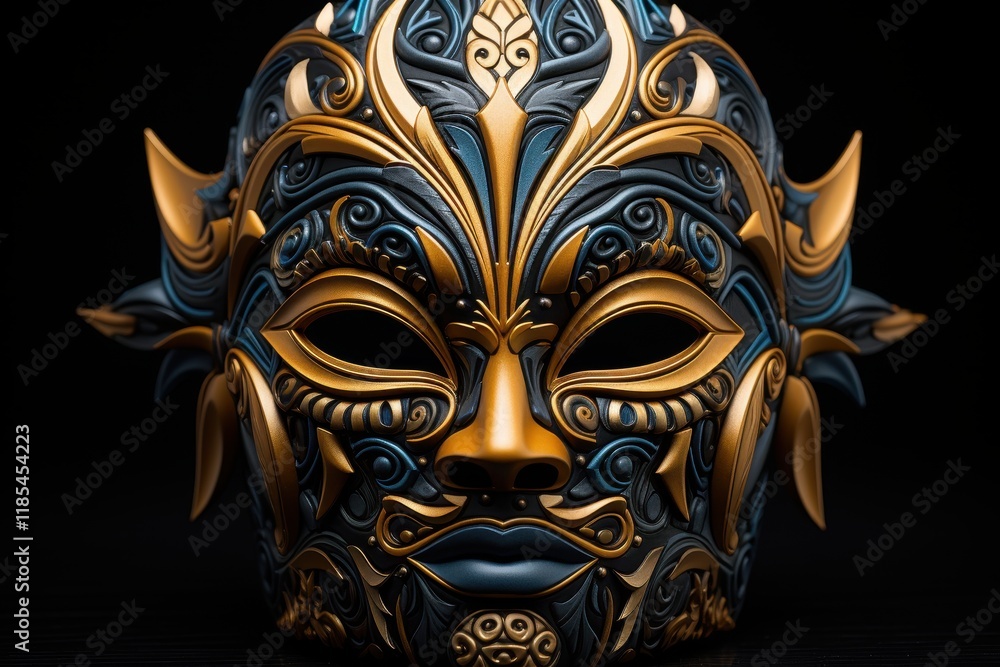 Intricate Artistic Mask Design Featuring Rich Textures and Elegant Patterns in Gold and Blue Color Scheme for Home Decor or Cultural Symbolism Intricate Artistic Mask Design Featuring Rich Textures and Elegant Patterns in Gold and Blue Color Scheme for Home Decor or Cultural Symbolism