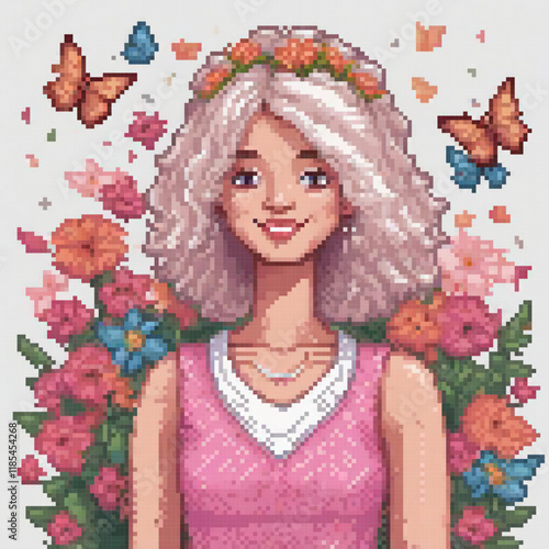 Cute pixel art girl with floral and butterfly hairstyles.
