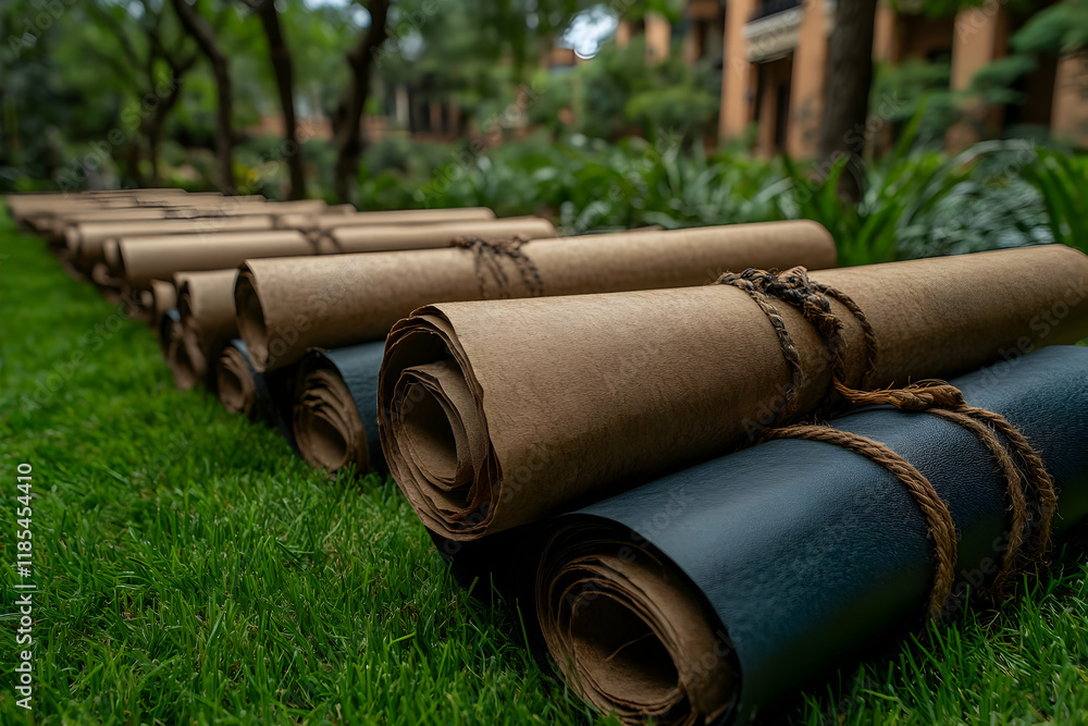 Rolled yoga mats, outdoor class, garden, resort Rolled yoga mats, outdoor class, garden, resort