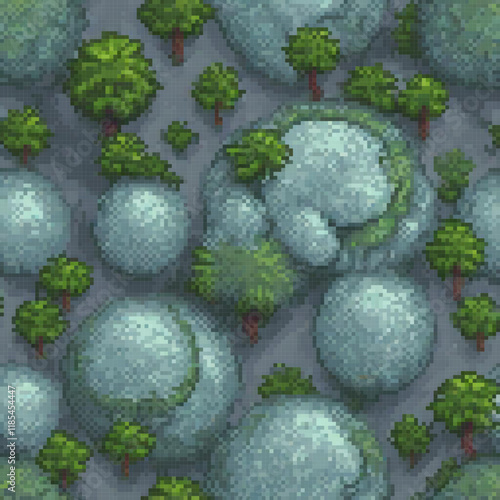 Pixel art of serene trees in a lush field