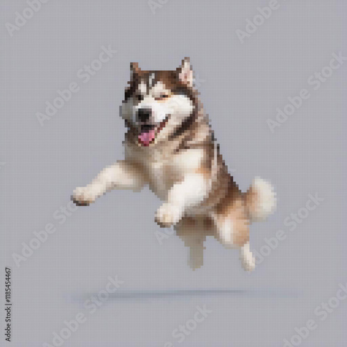 Pixel art of a playful dog mid-jump, tongue out, showcasing its energetic spirit.