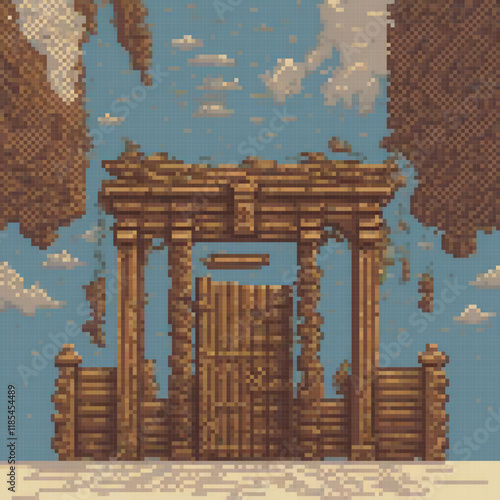 Pixel art desert archway, vintage style, captivating desert scene